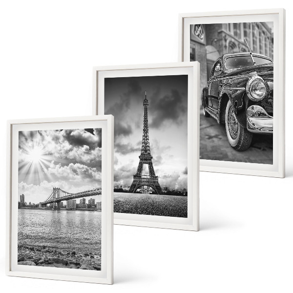 Set of 3 framed wall art pieces City views, bridges, Eiffel Tower