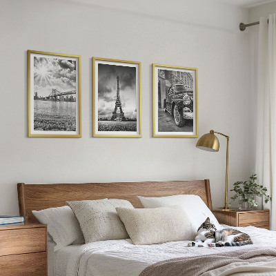 Set of 3 framed wall art pieces City views, bridges, Eiffel Tower