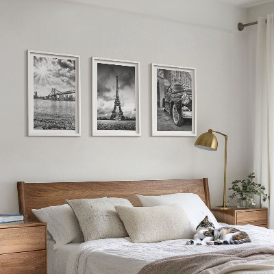 Set of 3 framed wall art pieces City views, bridges, Eiffel Tower