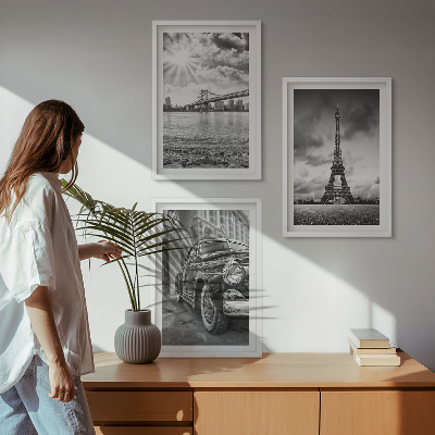 Set of 3 framed wall art pieces City views, bridges, Eiffel Tower