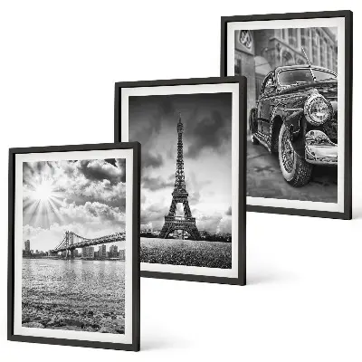 Set of 3 framed wall art pieces city views and bridges with the Eiffel Tower