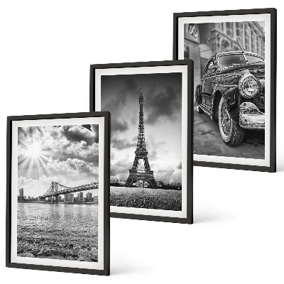 Set of 3 framed wall art pieces City views, bridges, Eiffel Tower