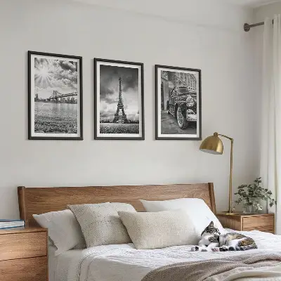 Set of 3 framed wall art pieces city views and bridges with the Eiffel Tower