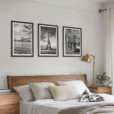 Set of 3 framed wall art pieces City views, bridges, Eiffel Tower