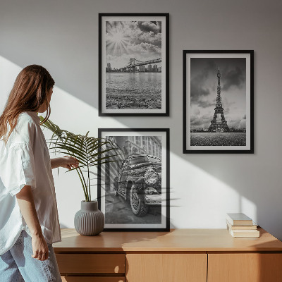 Set of 3 framed wall art pieces City views, bridges, Eiffel Tower