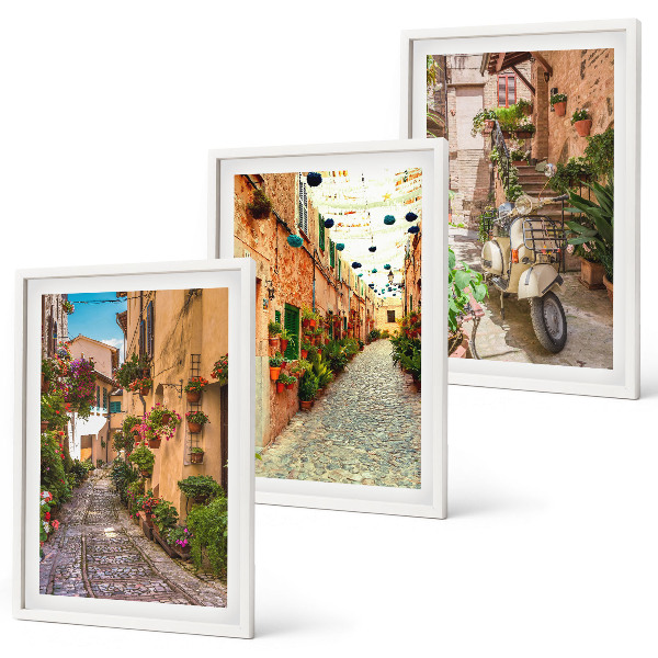 Set of 3 framed wall art pieces Streets, flowers, Italian atmosphere