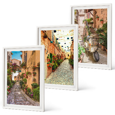 Set of 3 framed wall art pieces Streets, flowers, Italian atmosphere