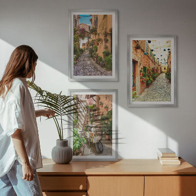 Set of 3 framed wall art pieces Streets, flowers, Italian atmosphere