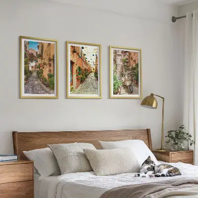 Set of 3 framed wall art pieces featuring streets, flowers, and an Italian atmosphere