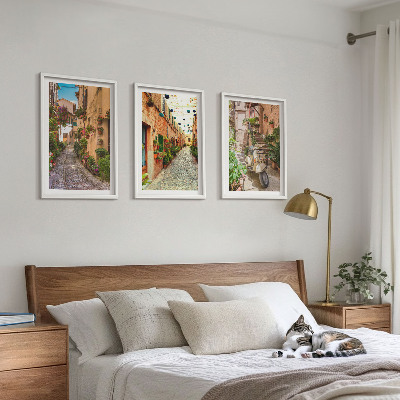 Set of 3 framed wall art pieces Streets, flowers, Italian atmosphere