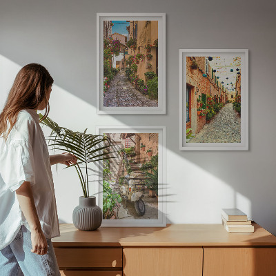 Set of 3 framed wall art pieces Streets, flowers, Italian atmosphere
