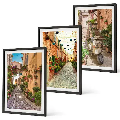 Set of 3 framed wall art pieces featuring streets, flowers, and an Italian atmosphere