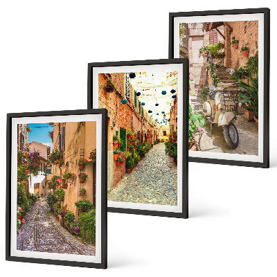 Set of 3 framed wall art pieces Streets, flowers, Italian atmosphere