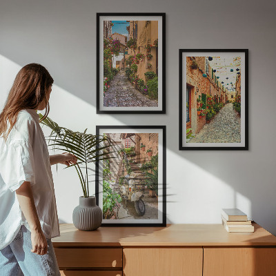 Set of 3 framed wall art pieces Streets, flowers, Italian atmosphere