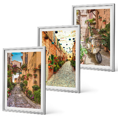 Set of 3 framed wall art pieces Streets, flowers, Italian atmosphere