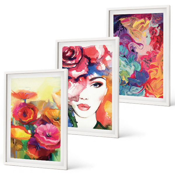 Three-piece wall art piece Intense flowers portrait of a woman