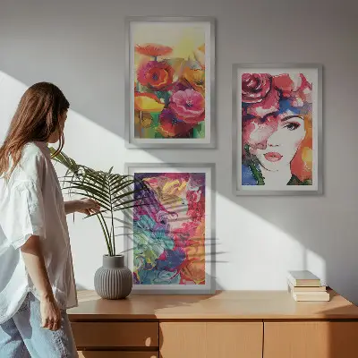 Intense flowers portrait of a woman three-piece wall art set