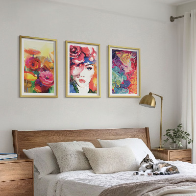 Three-piece wall art piece Intense flowers portrait of a woman