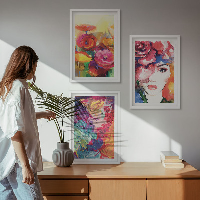Three-piece wall art piece Intense flowers portrait of a woman