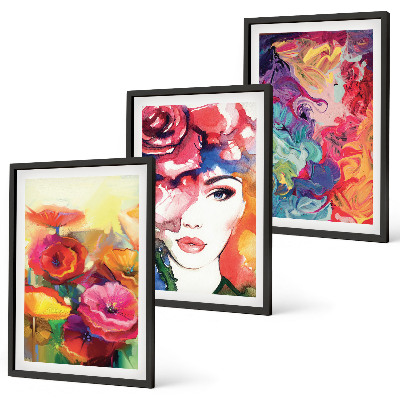 Three-piece wall art piece Intense flowers portrait of a woman