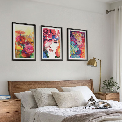 Three-piece wall art piece Intense flowers portrait of a woman