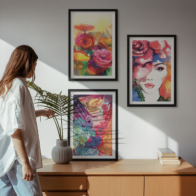 Three-piece wall art piece Intense flowers portrait of a woman