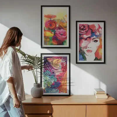 Intense flowers portrait of a woman three-piece wall art set