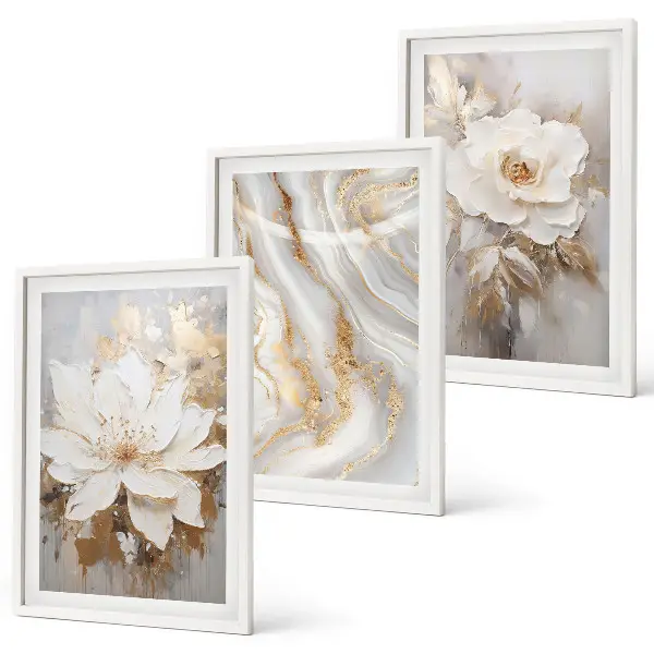 Abstract marble flowers wall art set of 3 framed pieces