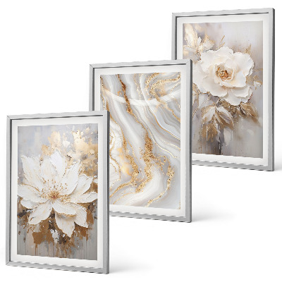 Set of 3 framed wall art pieces Flowers abstract marble