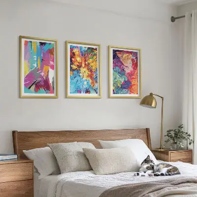 Three-piece wall art set with colorful abstract paint patterns