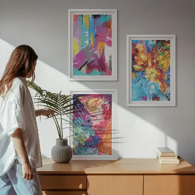 Three-piece wall art set with colorful abstract paint patterns