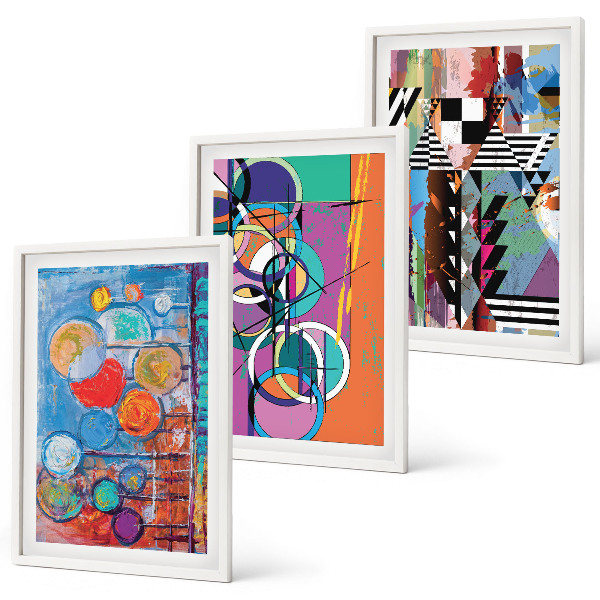 Set of 3 framed wall art pieces Colorful abstract circles geometry