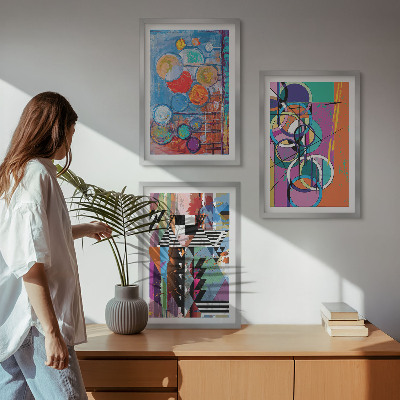 Set of 3 framed wall art pieces Colorful abstract circles geometry