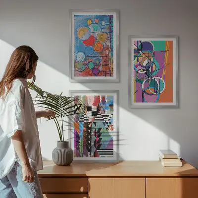 Colorful abstract geometric circles wall art set of 3 framed pieces