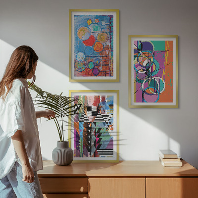 Set of 3 framed wall art pieces Colorful abstract circles geometry
