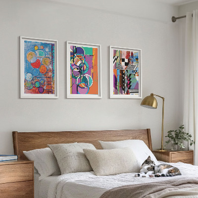 Set of 3 framed wall art pieces Colorful abstract circles geometry