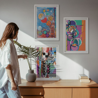 Set of 3 framed wall art pieces Colorful abstract circles geometry