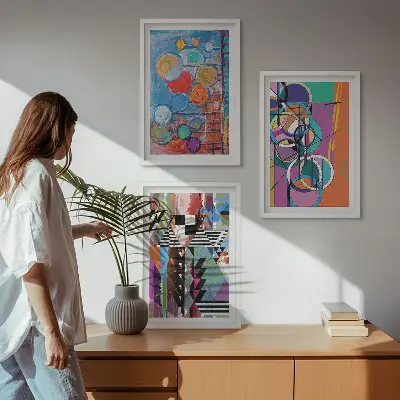Colorful abstract geometric circles wall art set of 3 framed pieces