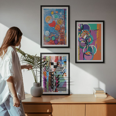 Set of 3 framed wall art pieces Colorful abstract circles geometry