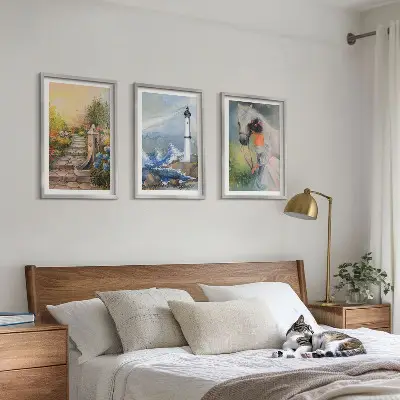 Three-piece lighthouse and horse scenery wall art scenery wall art representing a girl with a lighthouse and a horse