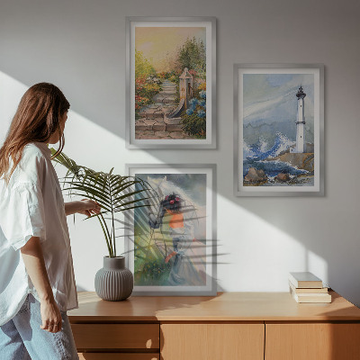 Three-piece wall art piece Scenery lighthouse horse girl