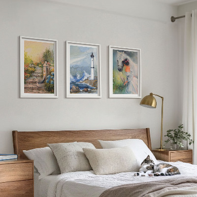 Three-piece wall art piece Scenery lighthouse horse girl