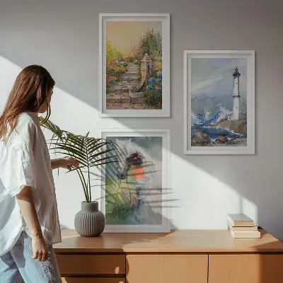 Three-piece lighthouse and horse scenery wall art scenery wall art representing a girl with a lighthouse and a horse
