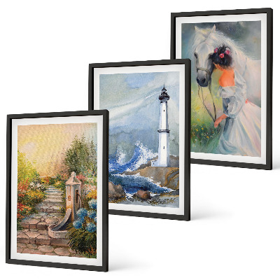 Three-piece wall art piece Scenery lighthouse horse girl