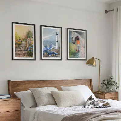 Three-piece lighthouse and horse scenery wall art scenery wall art representing a girl with a lighthouse and a horse