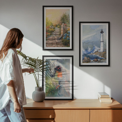 Three-piece wall art piece Scenery lighthouse horse girl