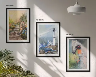 Three-piece lighthouse and horse scenery wall art scenery wall art representing a girl with a lighthouse and a horse