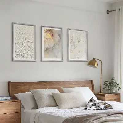 Three-piece abstract marble leaf wall art with leaf patterns