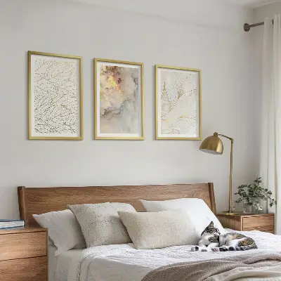Three-piece abstract marble leaf wall art with leaf patterns