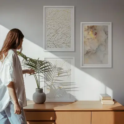 Three-piece abstract marble leaf wall art with leaf patterns